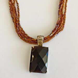 Vintage Beaded Iridescent Pendant Necklace Brown Faceted Glass Stone 5 Strand